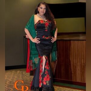 Elegant Black Floral Gown with Green Shawl